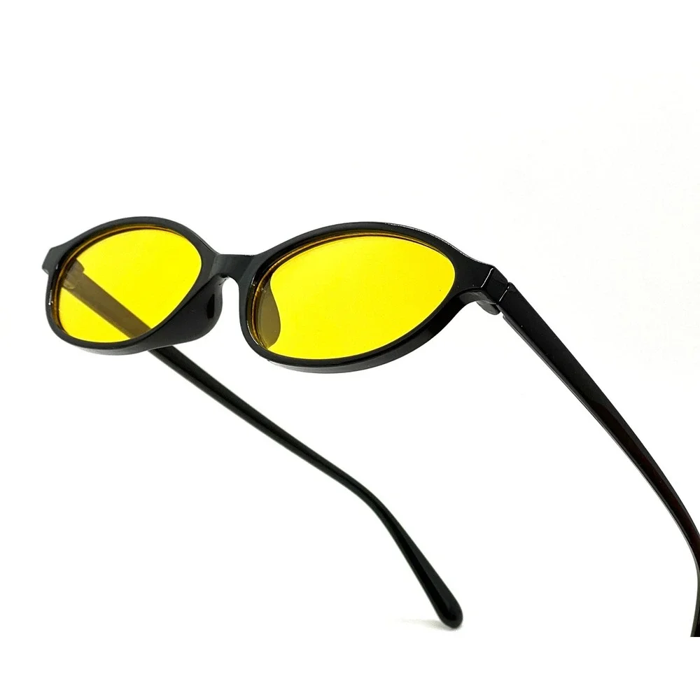 Black Oval Sunglasses Yellow Tint Lens Men‎ Fashion Eyewear Small Trendy Lentes